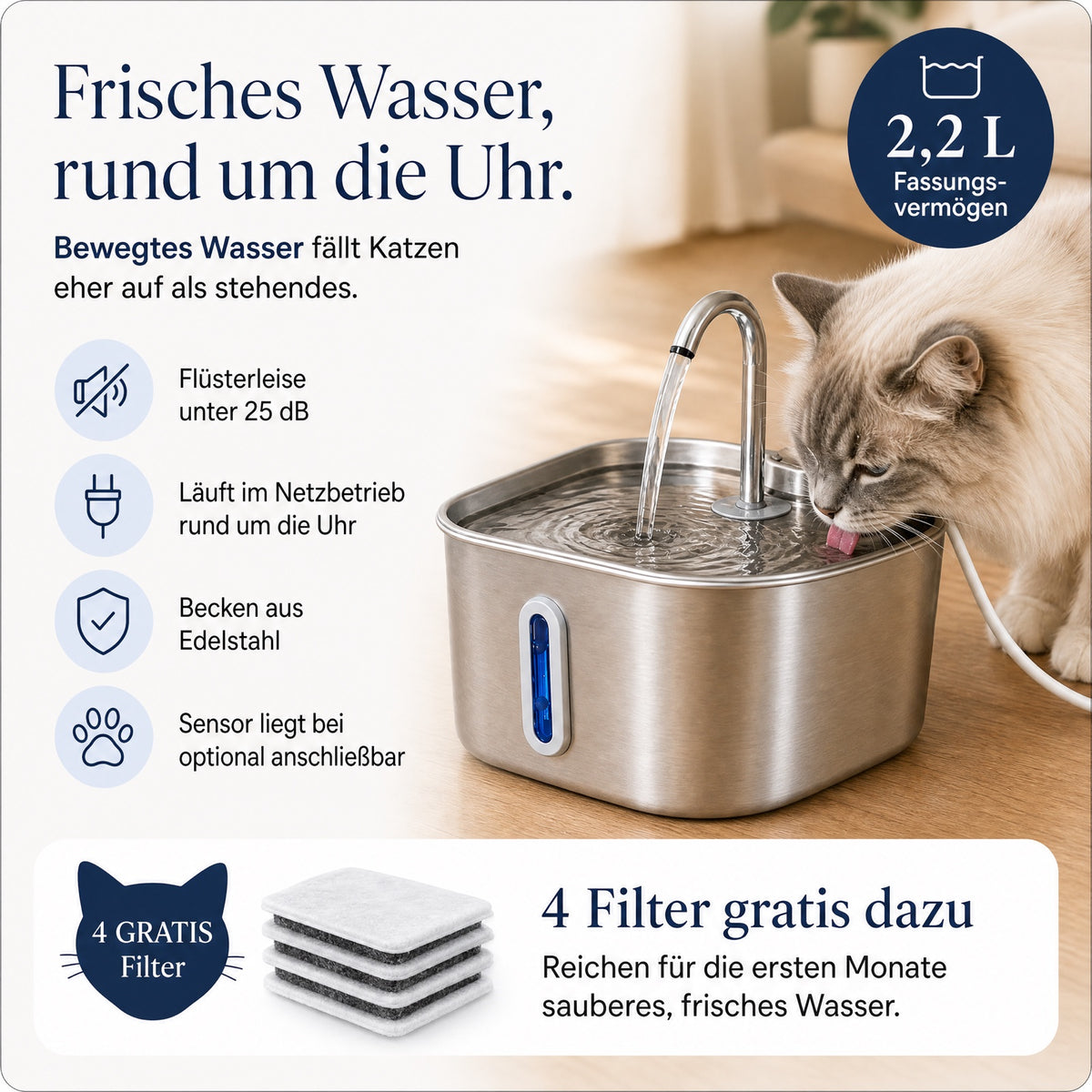PerlPanther Aqua 2.0 Edelstahl-Katzenbrunnen mit Katze, 2,2 Liter, unter 25 dB, Sensor und 4 Gratis-Filter