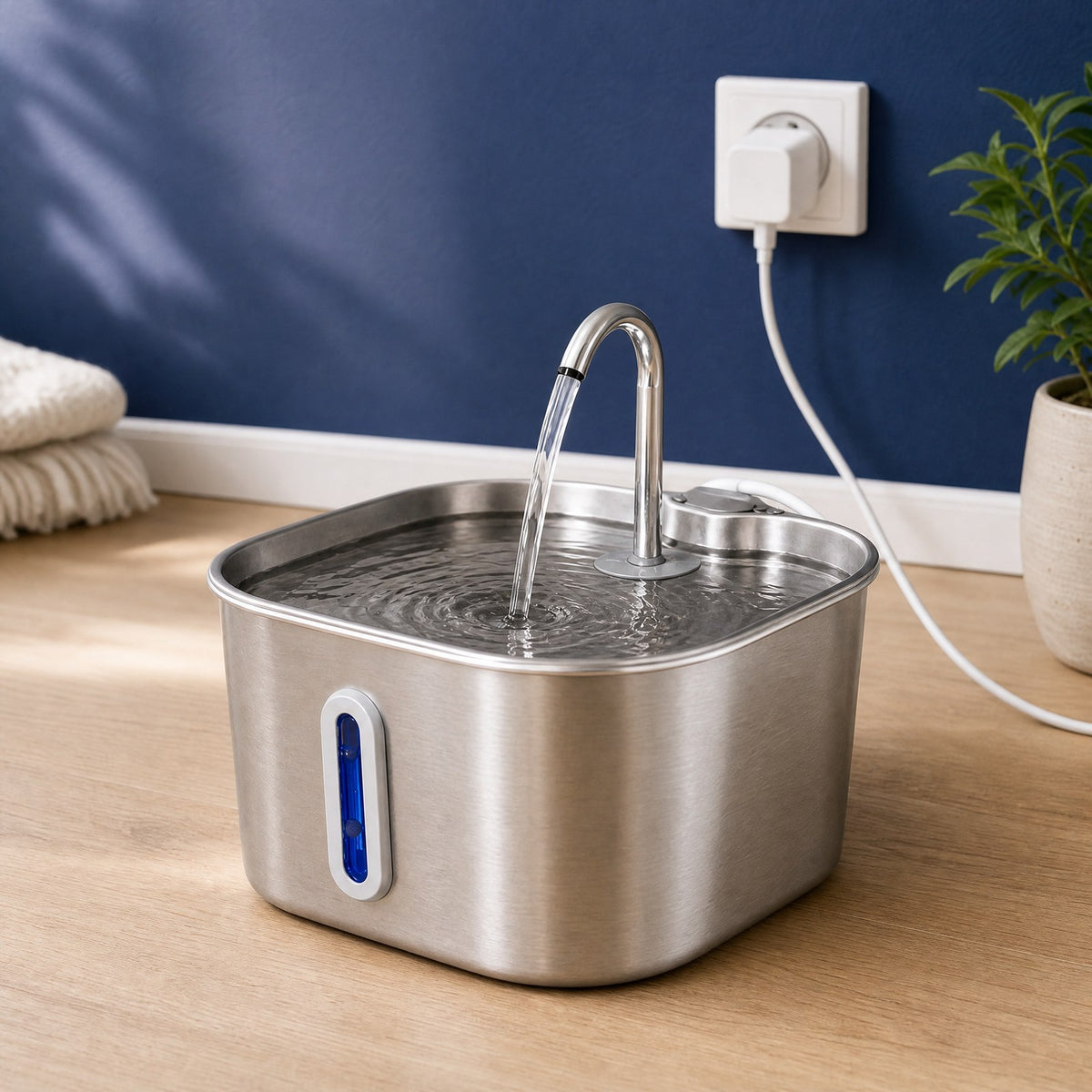 PerlPanther Aqua 2.0 Katzenbrunnen auf Eichenboden vor dunkelblauer Wand im Wohnzimmer, über Netzteil an der Steckdose angeschlossen