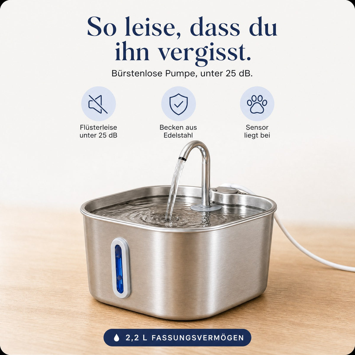 PerlPanther Aqua 2.0 Katzenbrunnen aus Edelstahl mit fließendem Wasser, bürstenlose Pumpe unter 25 dB