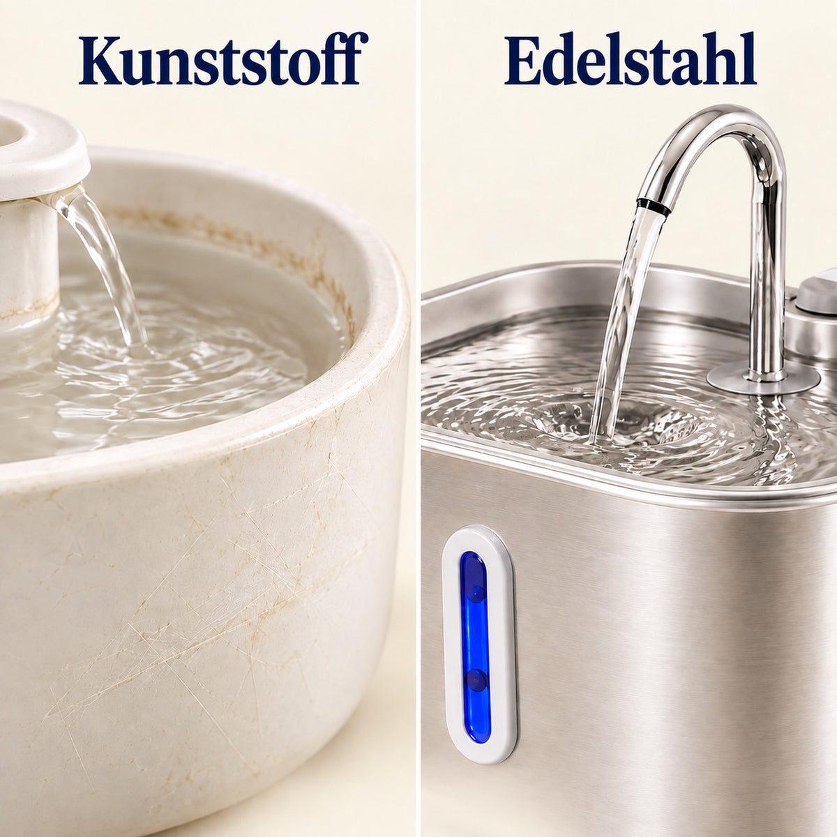 Illustrativer Vergleich: gebrauchter Kunststoff mit Ablagerungen und gereinigtes Edelstahlbecken