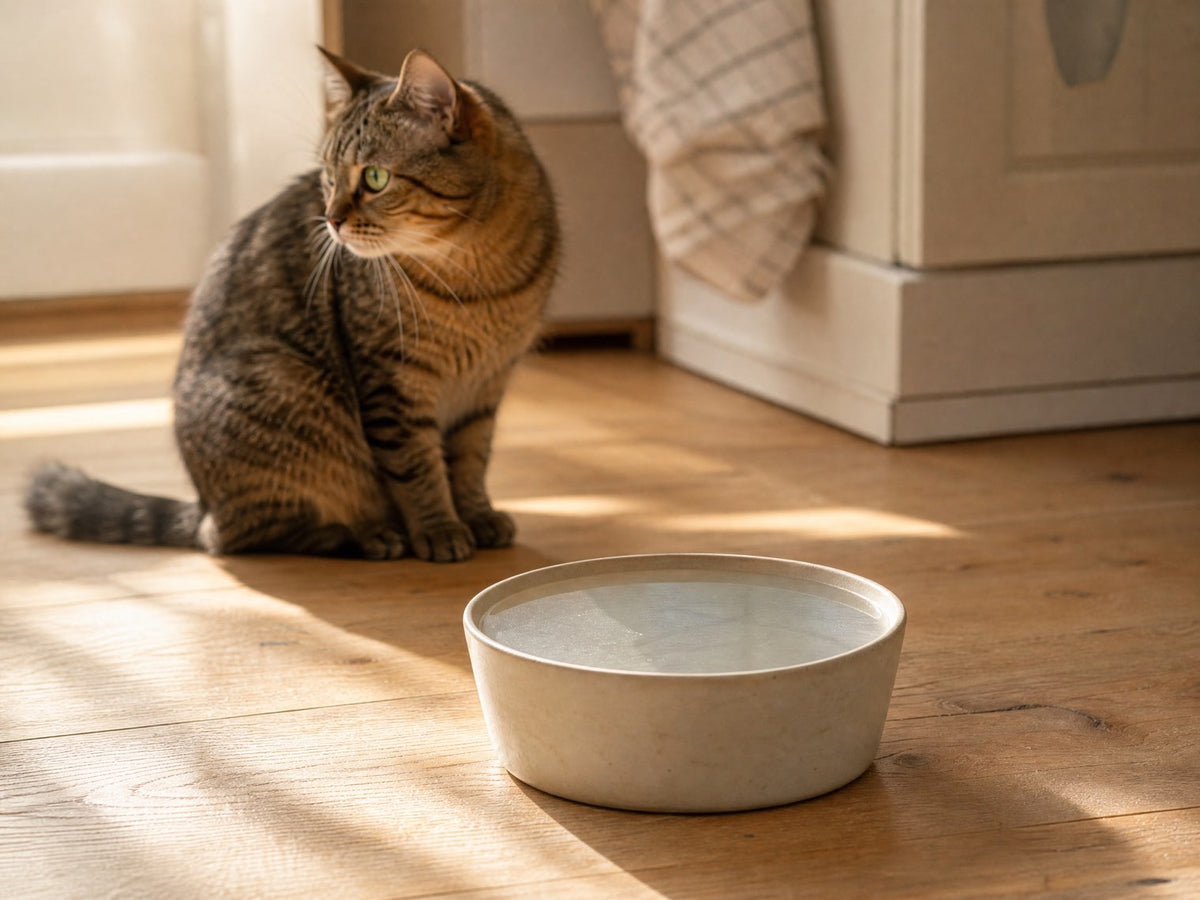 Getigerte Katze sitzt abgewandt neben einem randvollen, unberührten Wassernapf auf einem Eichenboden