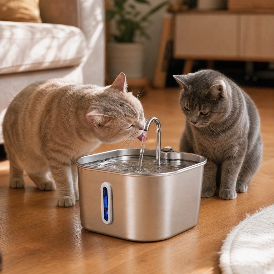Zwei Katzen am Trinkbrunnen auf dem Holzboden