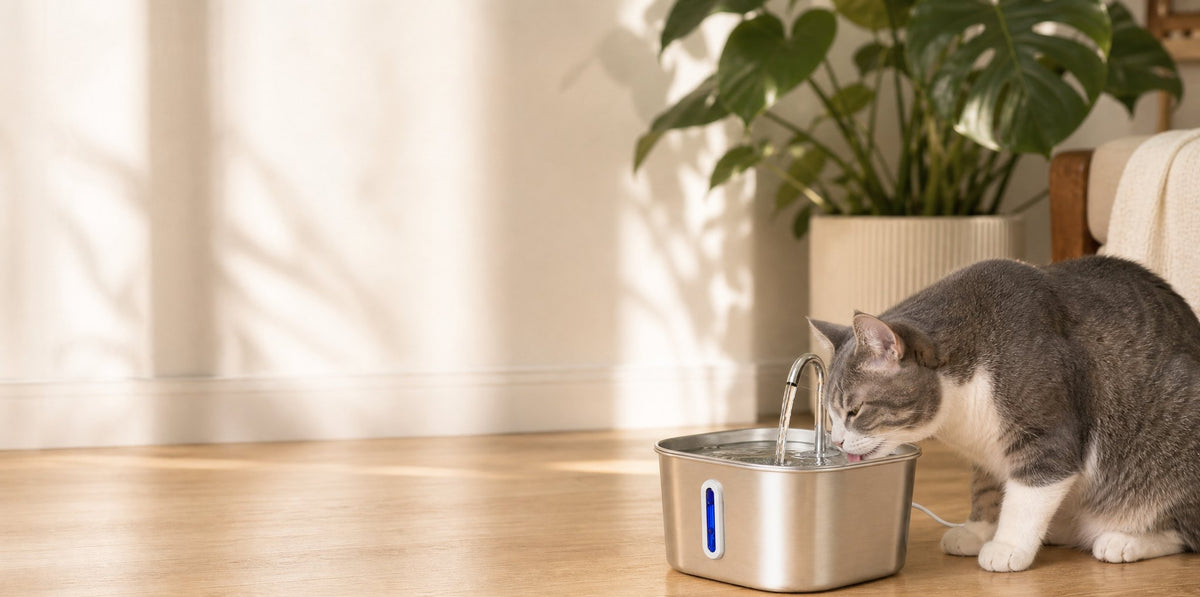 Katze trinkt am PerlPanther Aqua 2.0 Edelstahl-Trinkbrunnen im Wohnzimmer