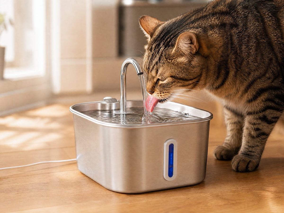 Getigerte Katze leckt am Wasserbogen des Edelstahl-Trinkbrunnens