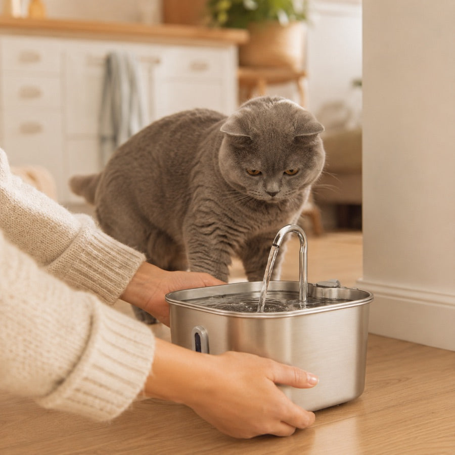 Hände stellen den gefüllten Trinkbrunnen ab, eine graue Katze kommt näher