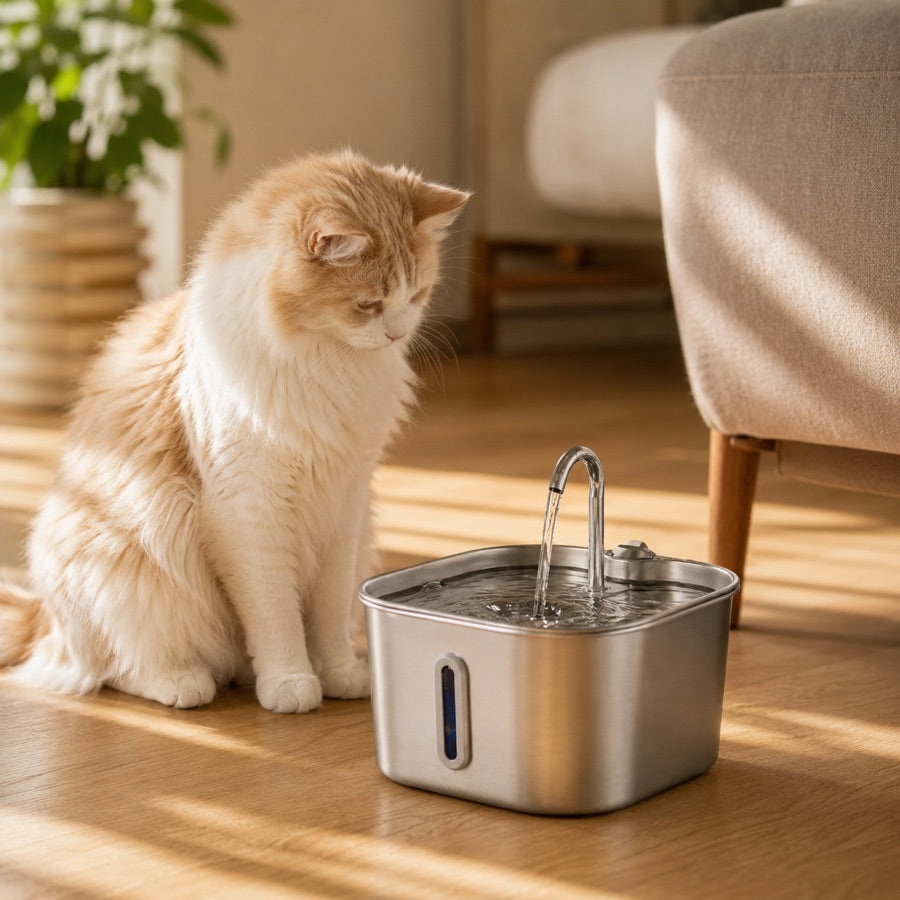Cremefarbene Katze sitzt neben dem laufenden Trinkbrunnen und schaut ins Wasser